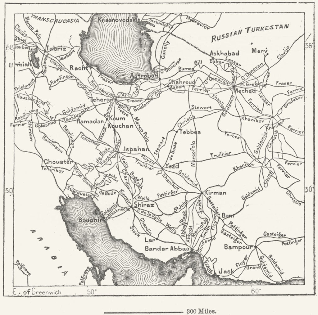 IRAN. Explorers routes since Marco Polo, sketch map c1885 old antique